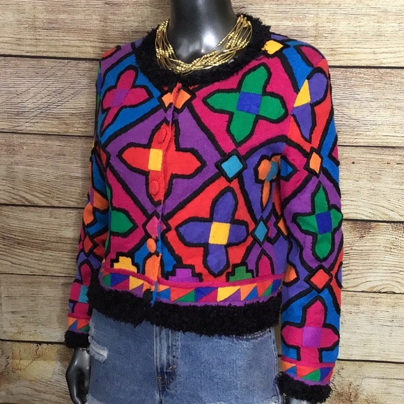 90's Michael Simon Psychedelic Print Cardigan Sweater - Picture 2 of 4